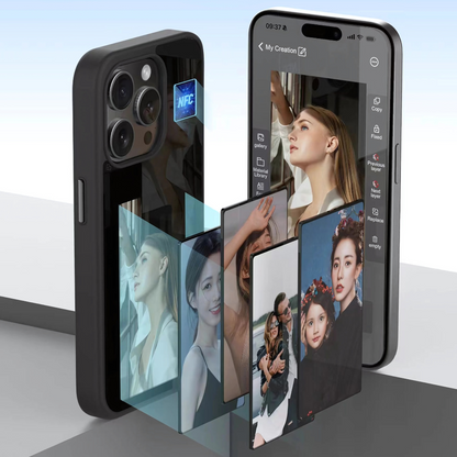 Smartphone with photo editing app on screen displaying multiple images of a woman.